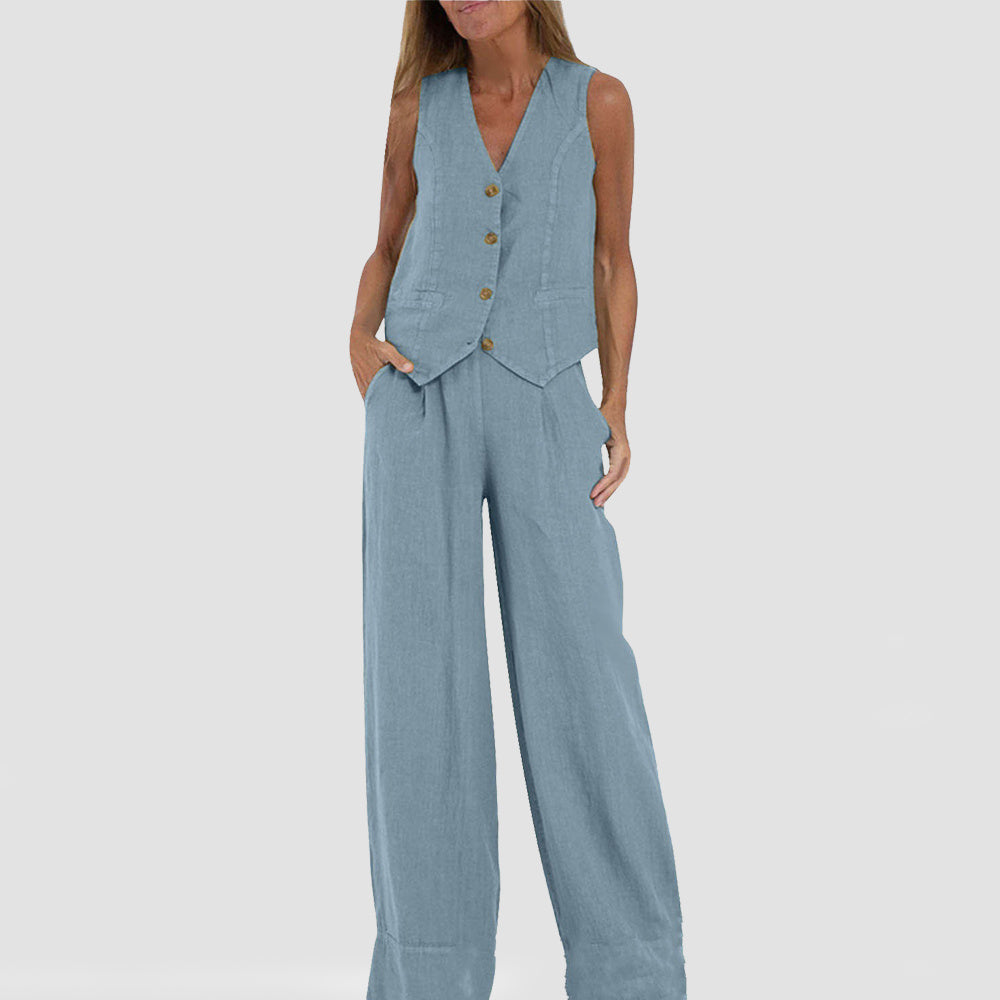 Conjunto de Chaleco y Pantalón de Lino y Algodón Loom & Soul™ para Mujer – Top sin Mangas con Cuello en V y Pantalones Rectos Sueltos