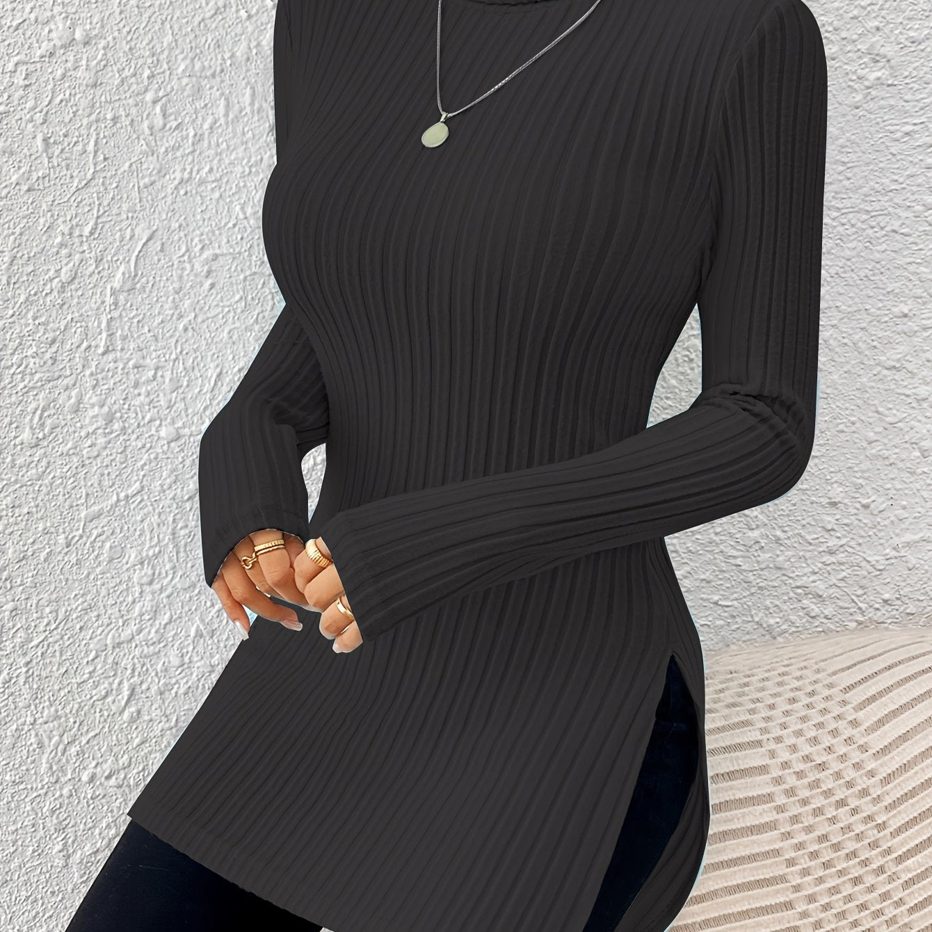 Top de cuello alto elegante para mujer – Tejido suave de manga larga y cuello alto
