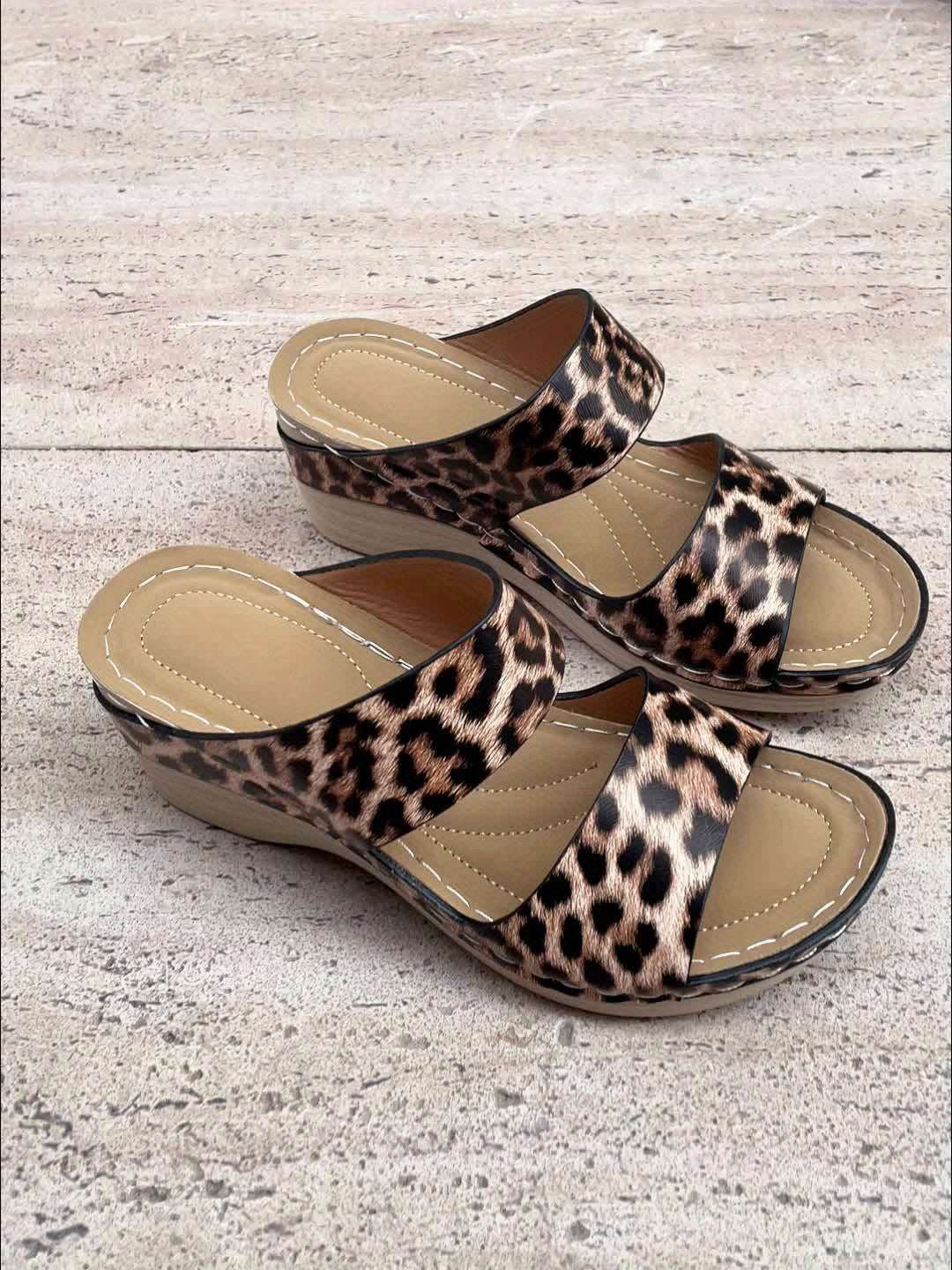 Sandalias de cuña con estampado de leopardo – Zapatos de verano de plataforma con puntera abierta