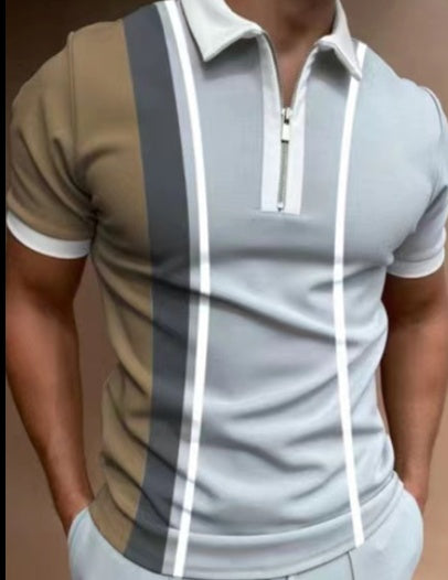 Polo de hombre a rayas – Manga corta de mezcla de algodón de corte moderno
