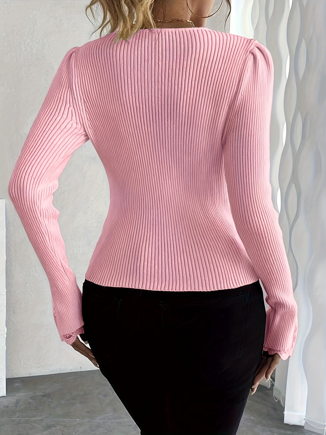 Pull élégant rose à col en V pour femme – Haut en maille côtelée à manches longues