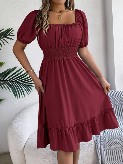 Vestido maxi de línea A con cuello cuadrado y mangas abullonadas – Elegante para primavera y verano