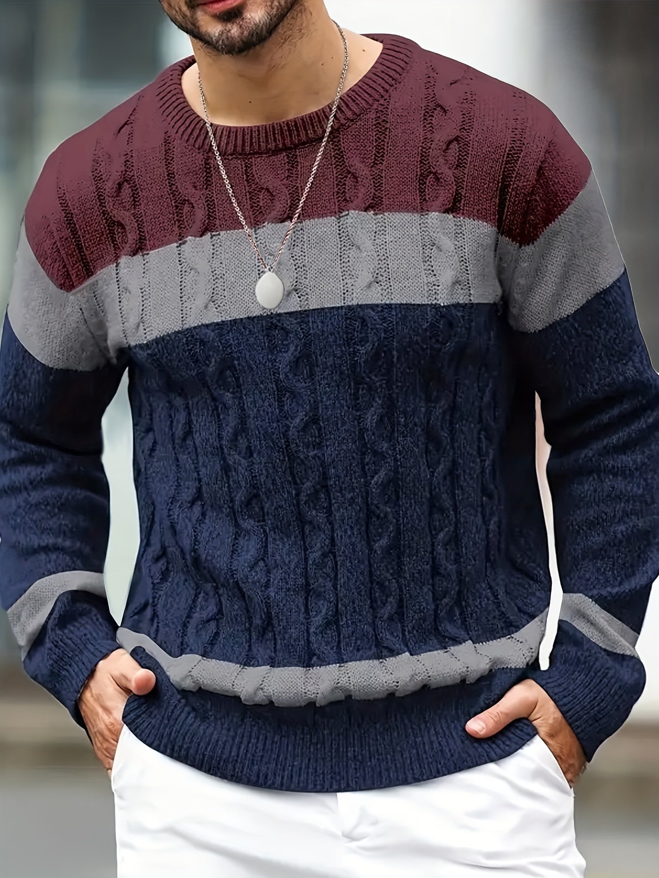 Suéter de punto trenzado color block para hombre – Suéter suave de cuello redondo