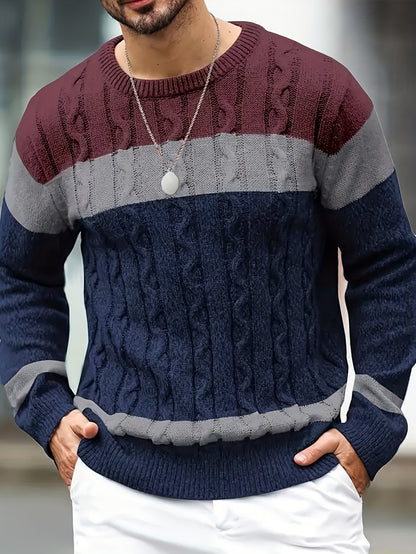 Suéter de punto trenzado color block para hombre – Suéter suave de cuello redondo