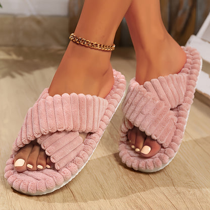 Plush Cross-Strap Slippers – Cozy Open-Toe Indoor Sandals