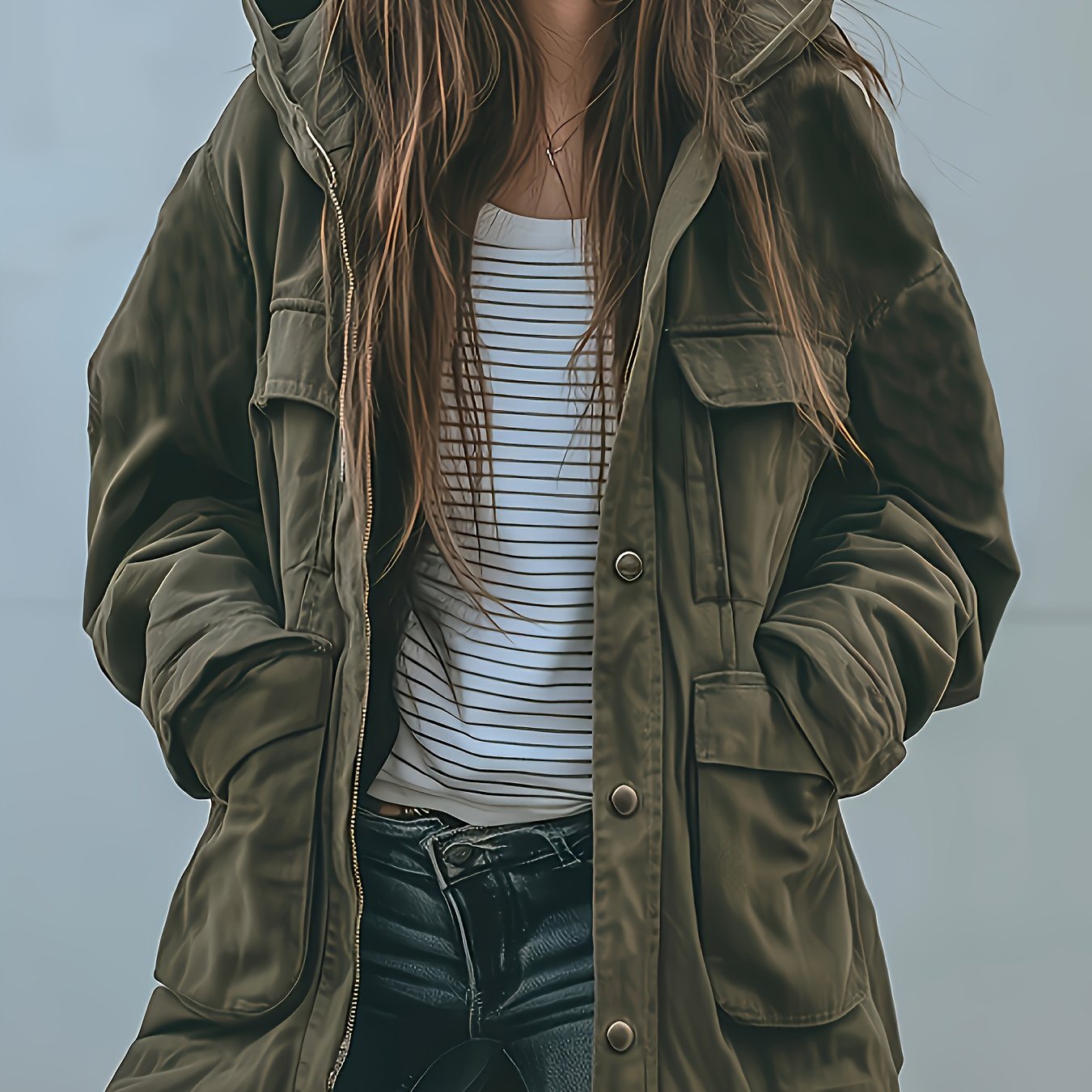 Chaqueta con capucha para mujer de alta resistencia en color verde oliva – Abrigo de trabajo grueso para todas las estaciones