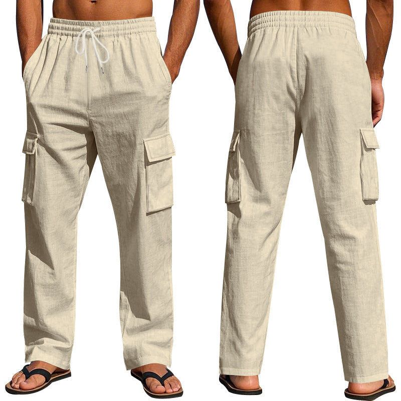 Loom & Soul™ Pantalones cargo de lino para hombre – Pantalones de trabajo transpirables de pernera recta con múltiples bolsillos