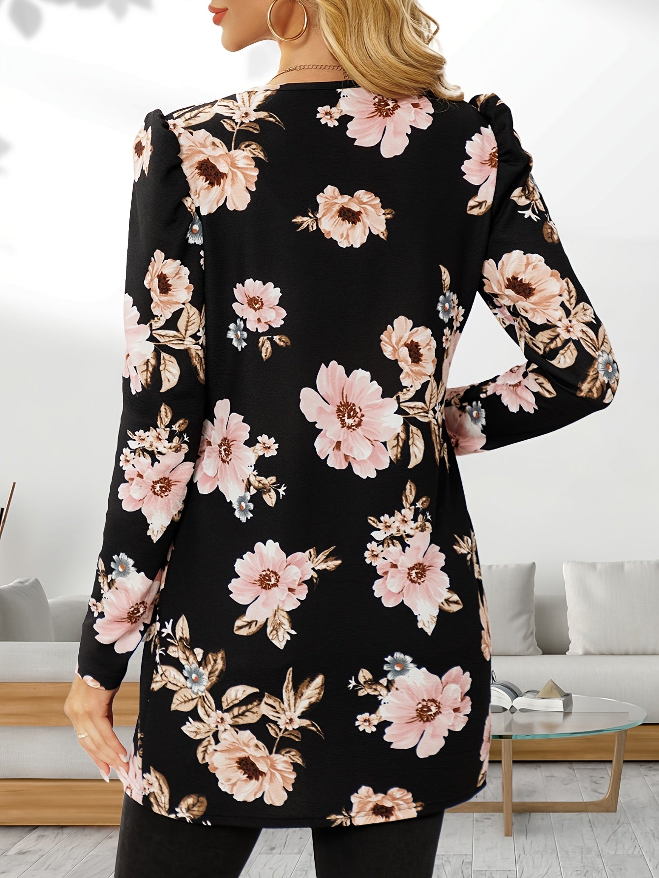 Cárdigan de pata de gallo para mujer – Chaqueta de punto elegante con mangas abullonadas