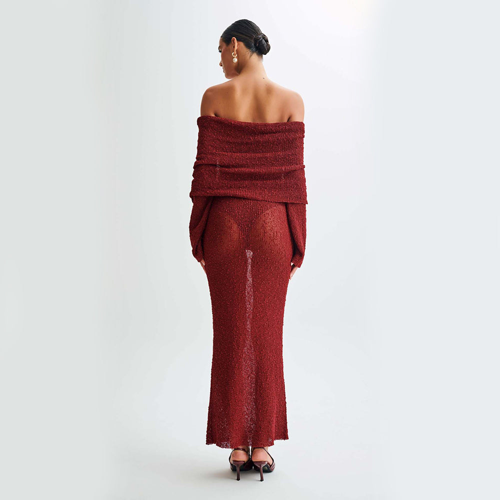 One-Shoulder Knit Maxi Dress – Elegant Long Sleeve Beach Dress