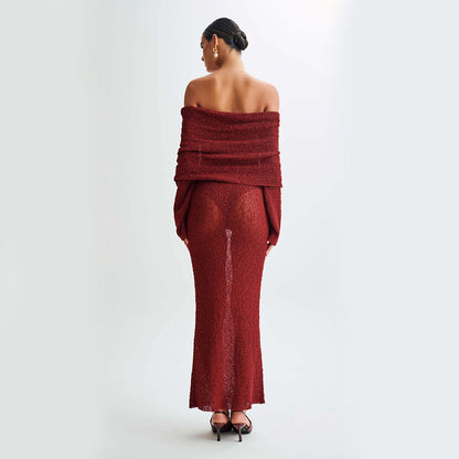One-Shoulder Knit Maxi Dress – Elegant Long Sleeve Beach Dress