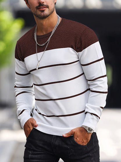 Suéter de punto a rayas azul marino para hombre – Sudadera informal de cuello redondo