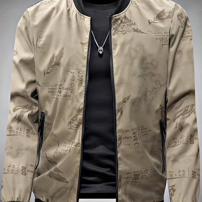 Men’s Feather Print Track Jacket – Zip-Up Baseball Collar Street Coat