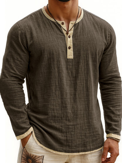 Camiseta Henley de manga larga con estampado digital bicolor para hombre – Corte ajustado de 3 botones