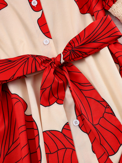 Floral Tie-Waist Maxi Shirt Dress – Elegant Long Sleeve A-Line Dress