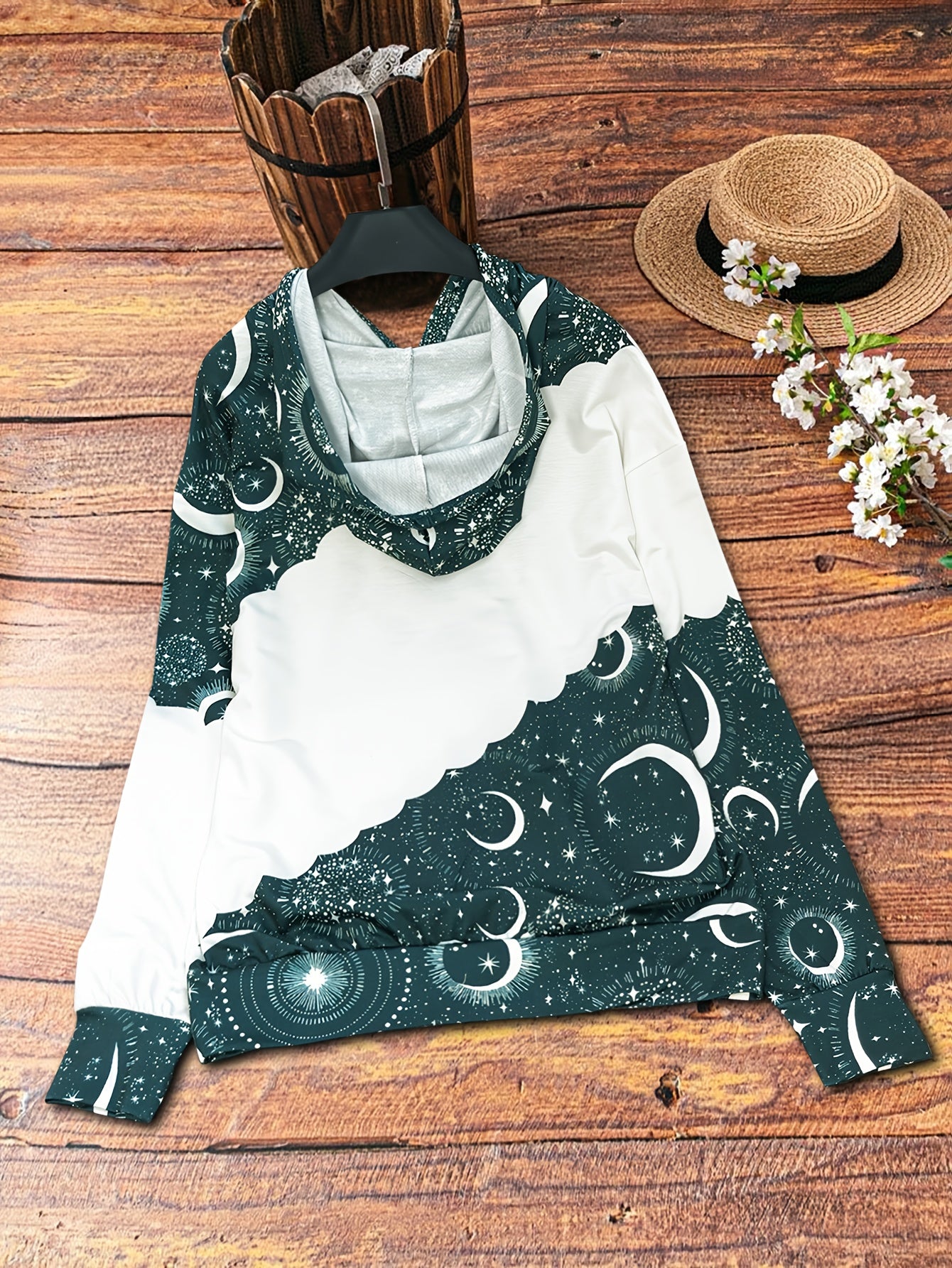Sudadera con capucha celestial estilo boho chic – Sudadera de mujer verde con luna del zodiaco