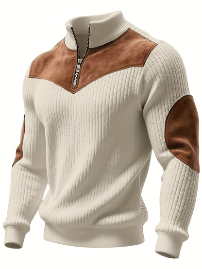 Jersey retro de cuello alto y media cremallera para hombre – Cálido y de canalé