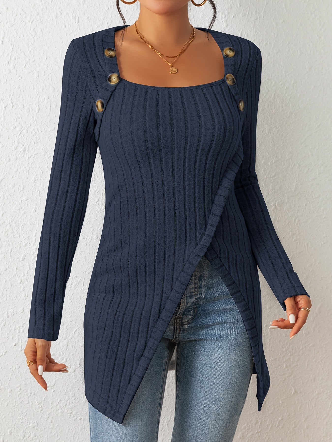 Camiseta de punto entallada para mujer – Top de manga larga con cuello cuadrado
