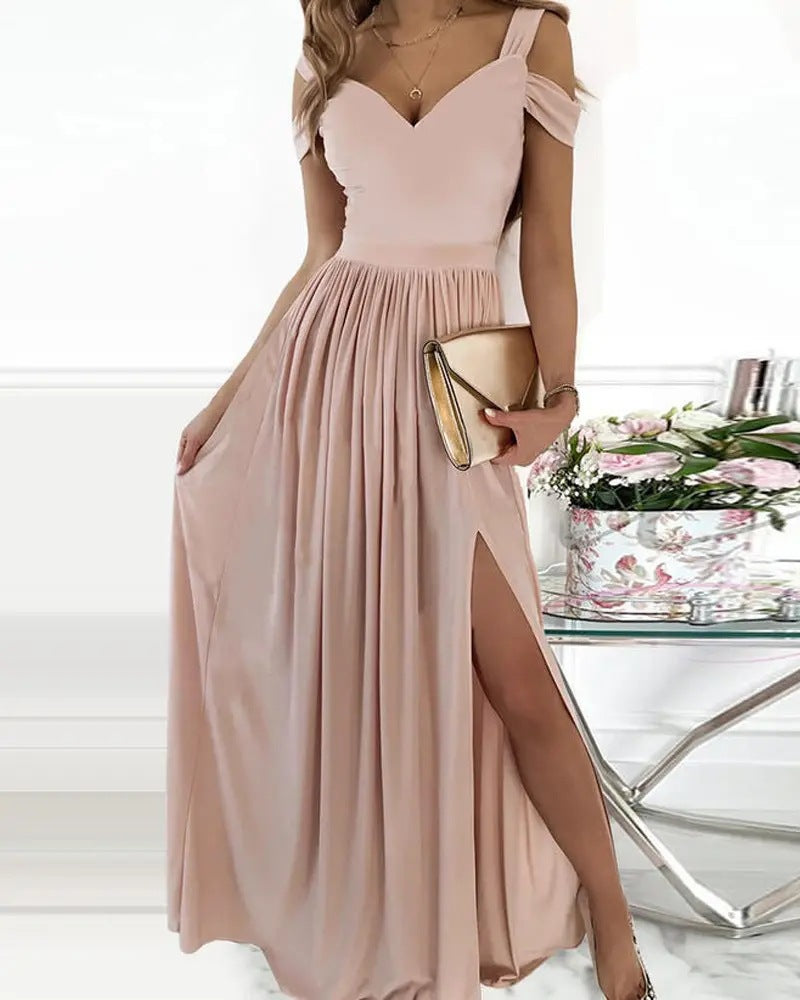 Maxivestido bohemio con cuello en V y tirantes finos – Vestido playero vaporoso con abertura lateral