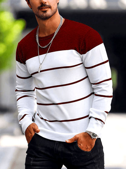 Suéter de punto a rayas azul marino para hombre – Sudadera informal de cuello redondo