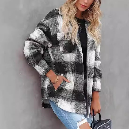 Chaqueta a cuadros con hebillas para mujer – Abrigo informal de corte holgado