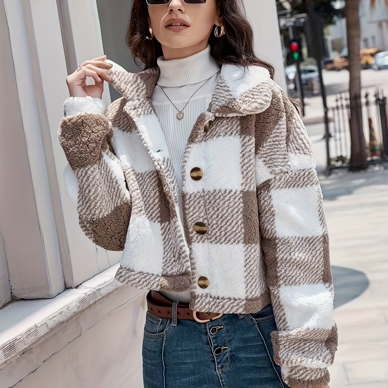 Abrigo de cuadros de borreguito para mujer – Abrigo de invierno cálido de manga larga con botones