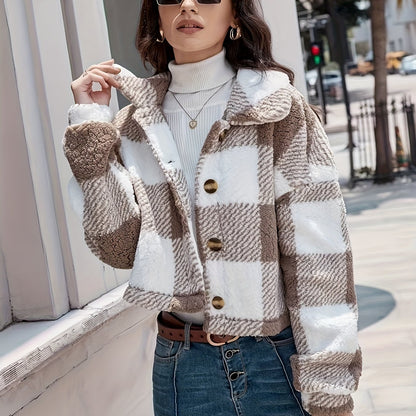 Abrigo de cuadros de borreguito para mujer – Abrigo de invierno cálido de manga larga con botones