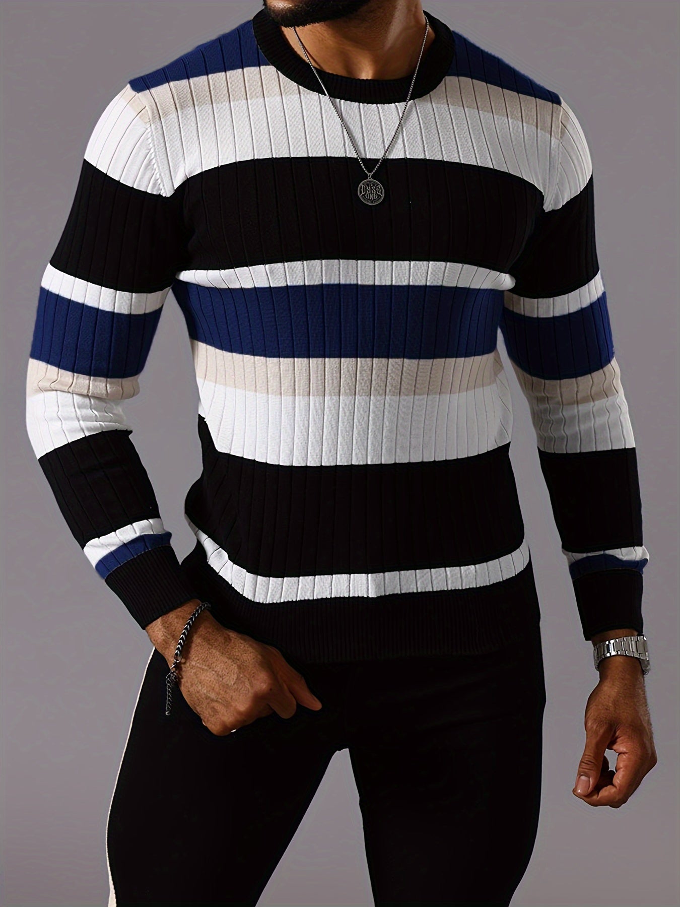 Pull rayé en tricot côtelé pour homme – Pull Color Block Automne Hiver