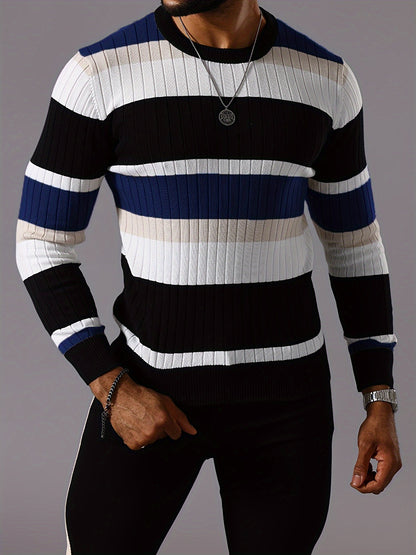 Pull rayé en tricot côtelé pour homme – Pull Color Block Automne Hiver
