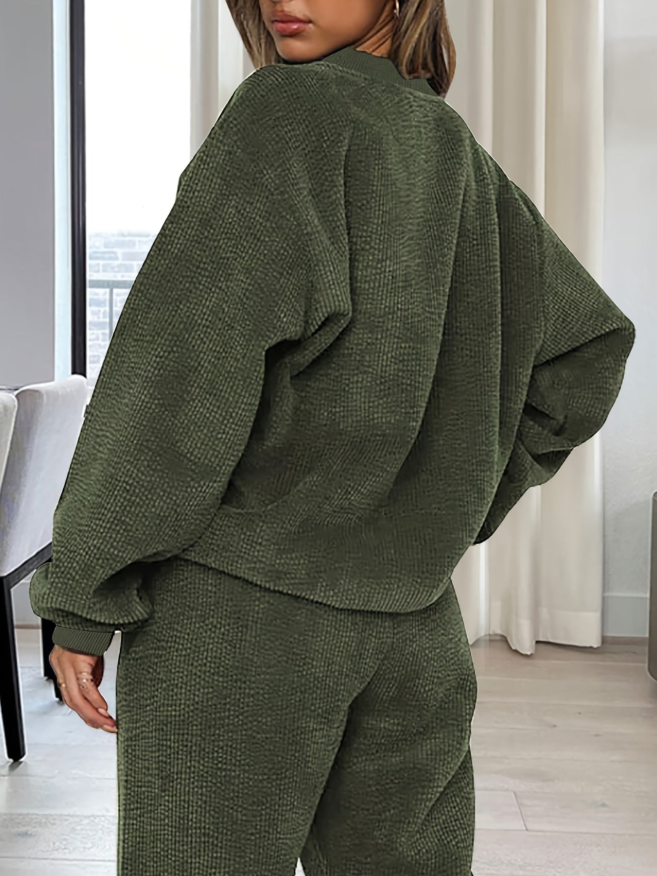 Conjunto de dos piezas de color liso – Top de cuello redondo y pantalón con cordón para mujer