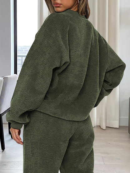 Conjunto de dos piezas de color liso – Top de cuello redondo y pantalón con cordón para mujer