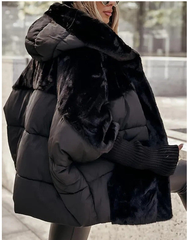 Abrigo con capucha de patchwork de piel sintética Loom & Soul™ – Chaqueta de invierno de algodón holgada para mujer, para una comodidad y calidez elegantes