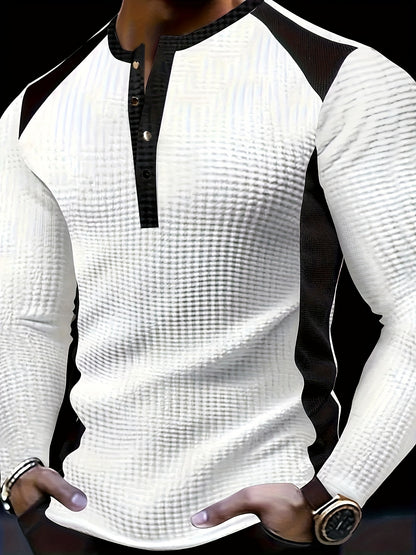 Chemise Henley gaufrée pour homme – Haut boutonnée toutes saisons blanc et noir