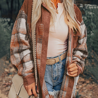 Women’s Plaid Lapel Jacket – Button-Up Drop Shoulder Fall/Spring Shacket