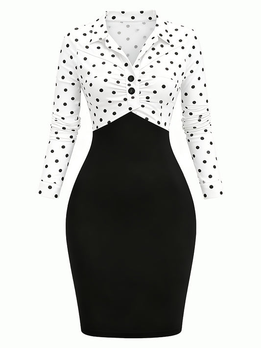 Polka Dot Vintage Fitted Dress – Elegant Long Sleeve Lapel Dress
