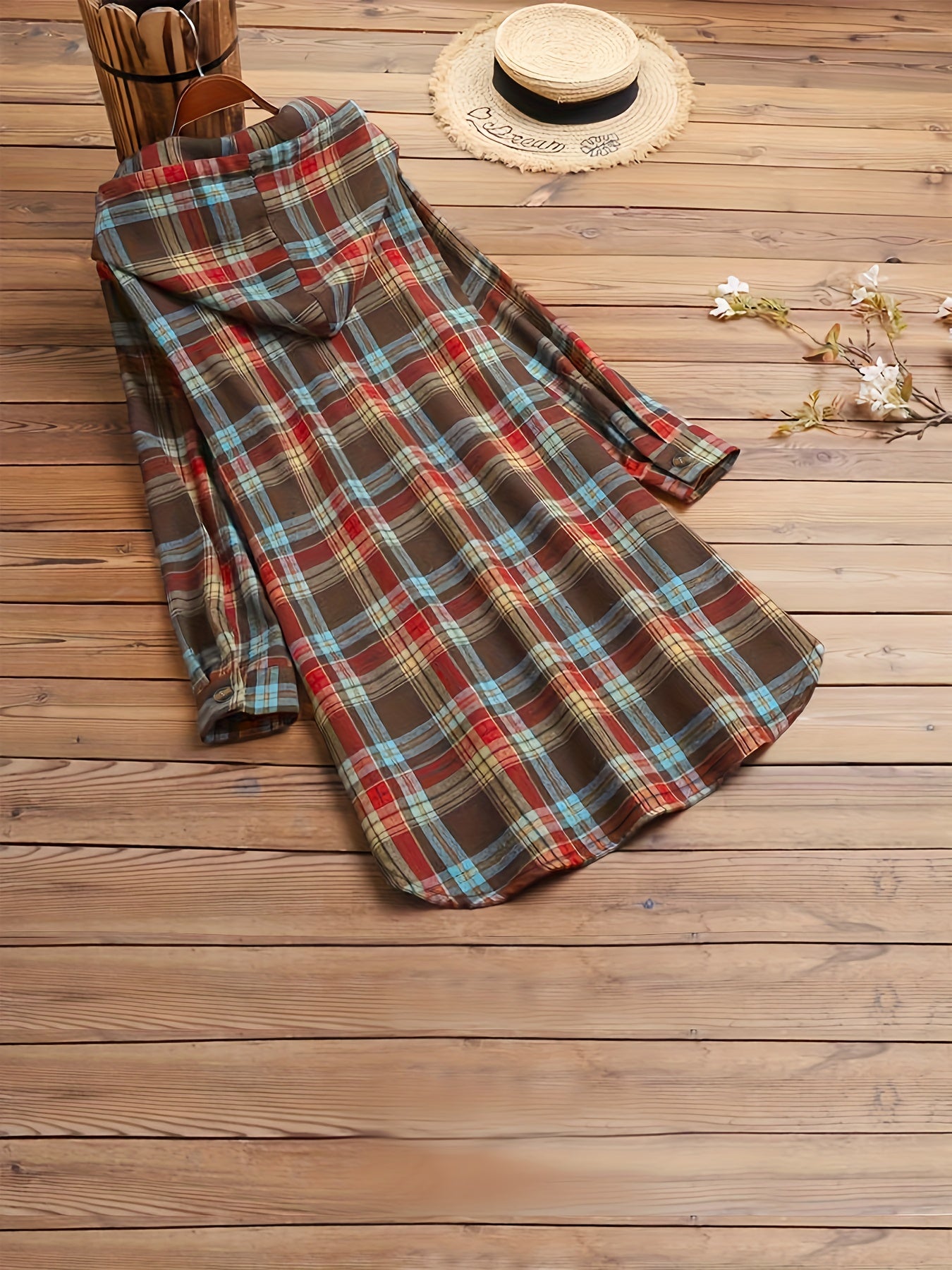 Sudadera retro de cuadros con capucha para mujer – Cárdigan largo de otoño con botones