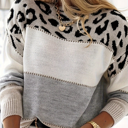 Suéter de mujer con retales de leopardo – Jersey de punto rosa y blanco con cuello redondo