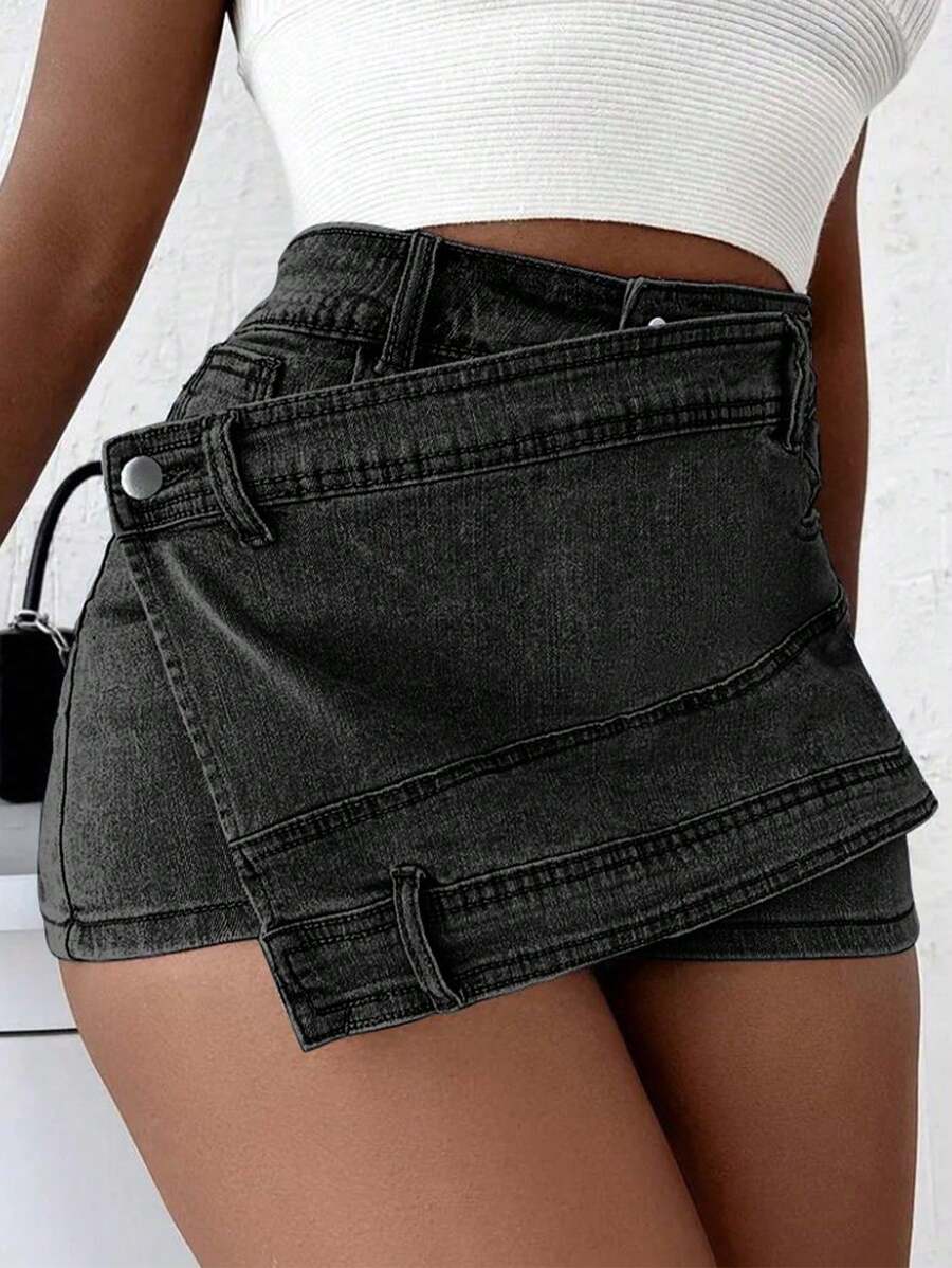 Women’s Grunge Denim Skort – Asymmetric Wrap A-Line Streetwear