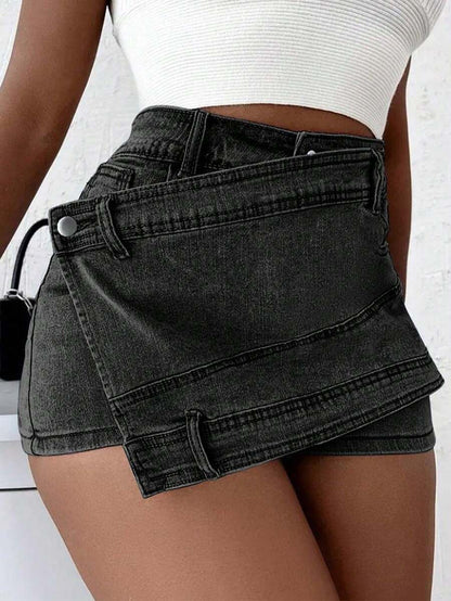 Women’s Grunge Denim Skort – Asymmetric Wrap A-Line Streetwear