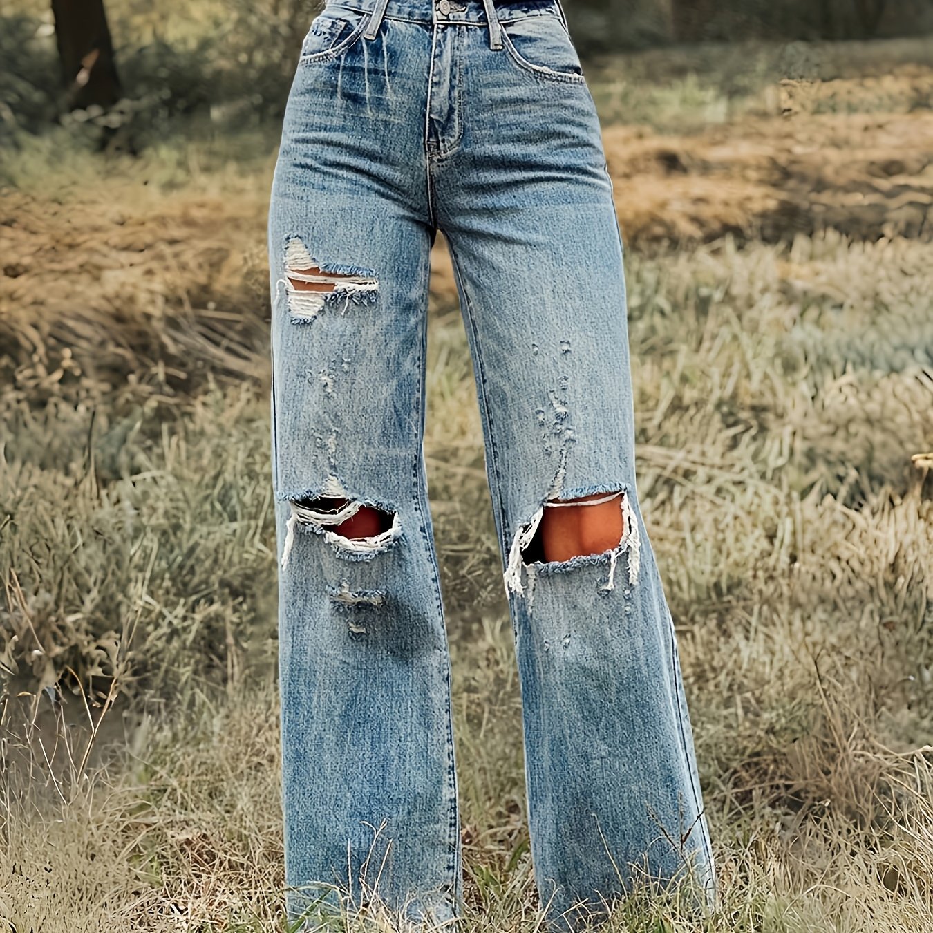 Jean droit taille haute déchiré – Jean stretch coupe urbaine