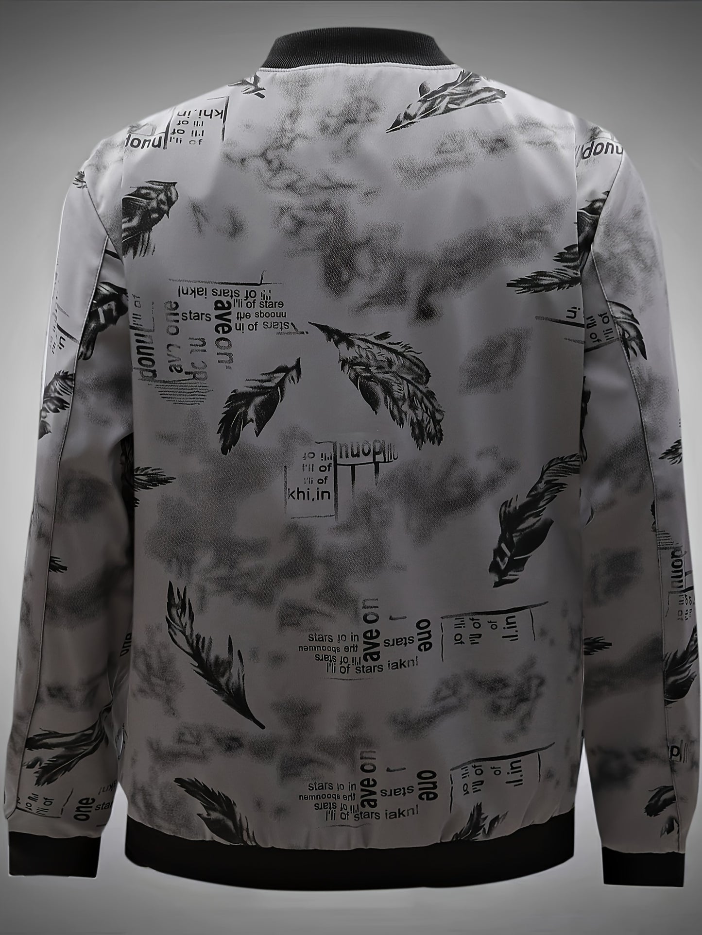 Men’s Feather Print Track Jacket – Zip-Up Baseball Collar Street Coat