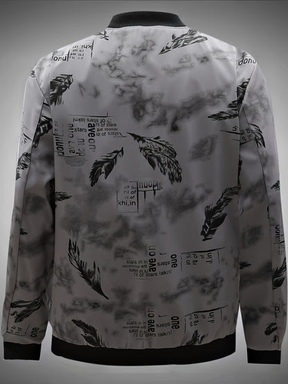 Men’s Feather Print Track Jacket – Zip-Up Baseball Collar Street Coat