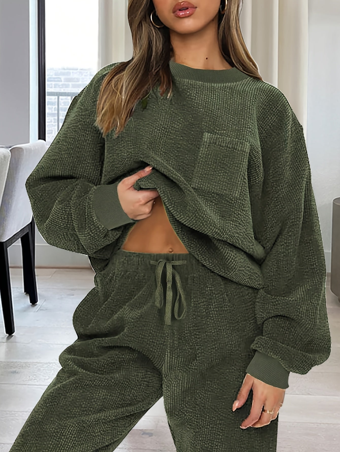 Conjunto de dos piezas de color liso – Top de cuello redondo y pantalón con cordón para mujer