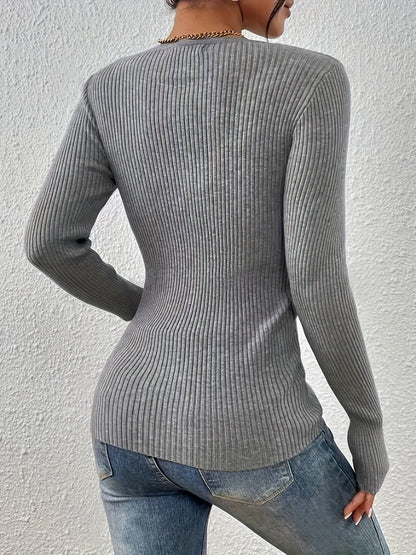 Elegant V-Neck Button Sweater – Women’s Soft Long Sleeve Fall/Winter Knit