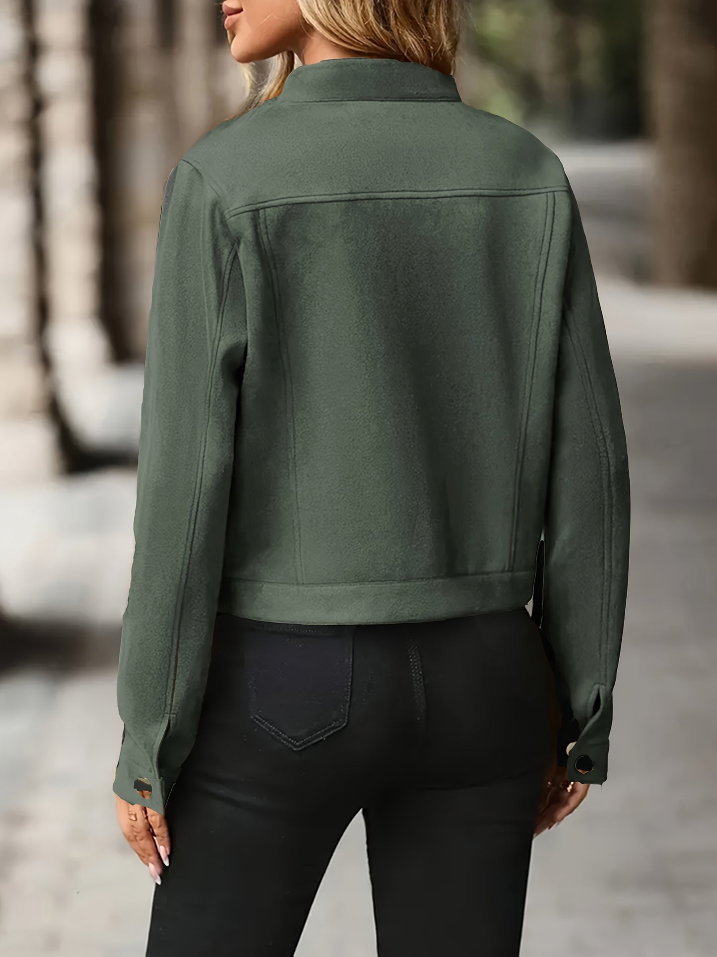 Vintage Suede Jacket – Women’s Stand Collar Button-Up Chic Spring/Fall Coat