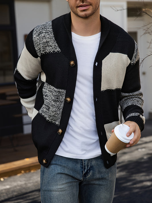 Contrast Stitch Knit Cardigan – Lapel Ribbed Casual Sweater