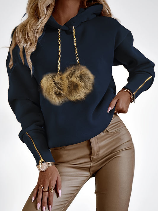 Sudadera con capucha afelpada con pompones para mujer – Suéter acogedor con cremallera para otoño/invierno
