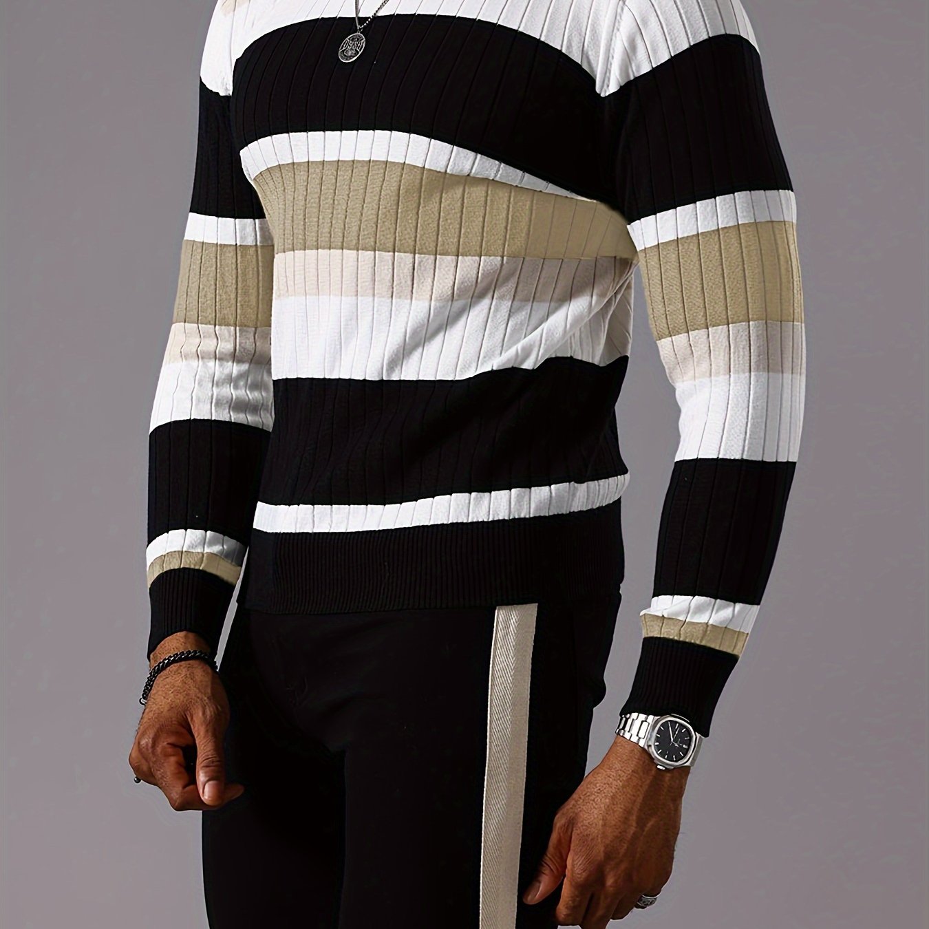 Pull rayé en tricot côtelé pour homme – Pull Color Block Automne Hiver