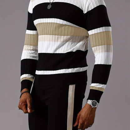 Pull rayé en tricot côtelé pour homme – Pull Color Block Automne Hiver
