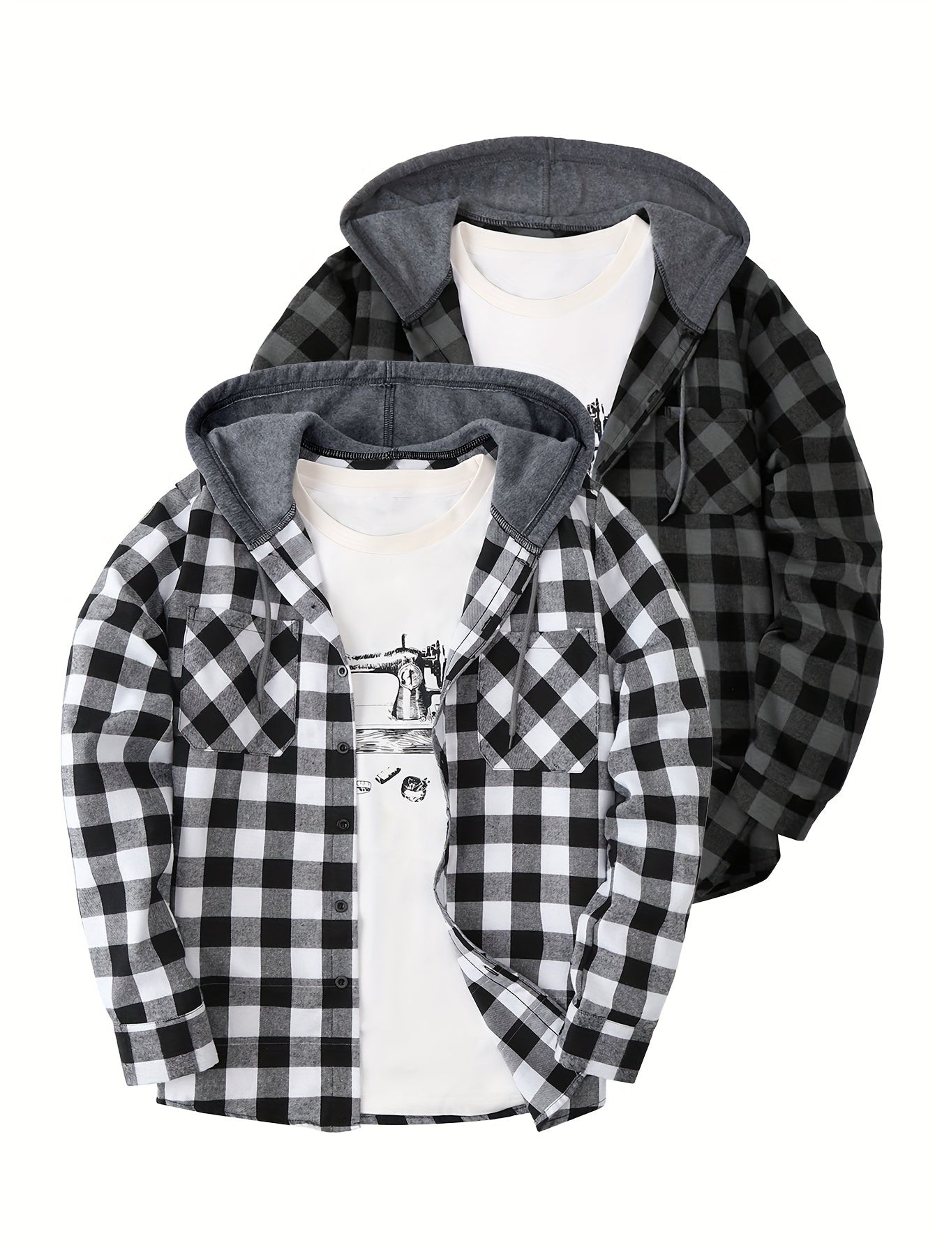 Camisas a cuadros con capucha para hombre, 2 piezas – Conjunto de chaqueta tipo suéter con botones