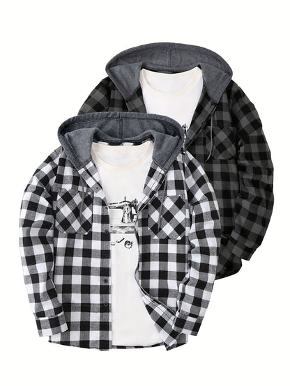 Camisas a cuadros con capucha para hombre, 2 piezas – Conjunto de chaqueta tipo suéter con botones